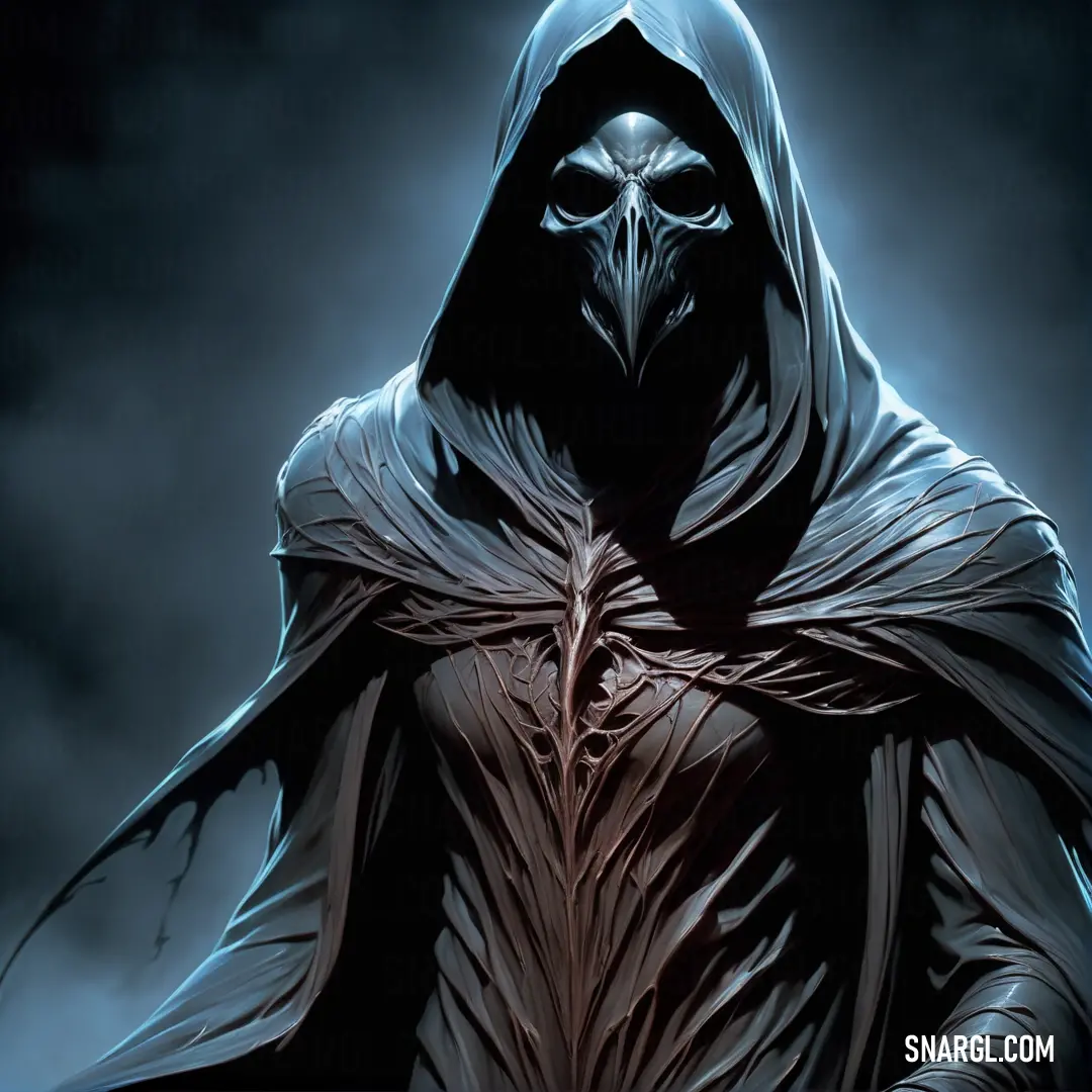 Hooded figure in a hooded cloak with a hood on and a crow on his shoulder