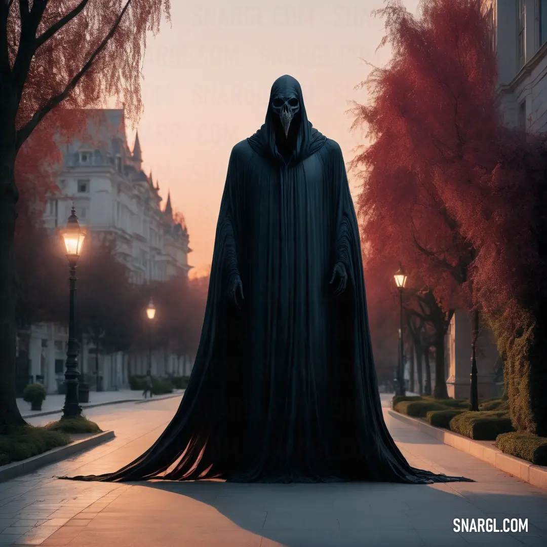 Dementor in a black cloak standing on a sidewalk in a city at sunset with a street light in the background
