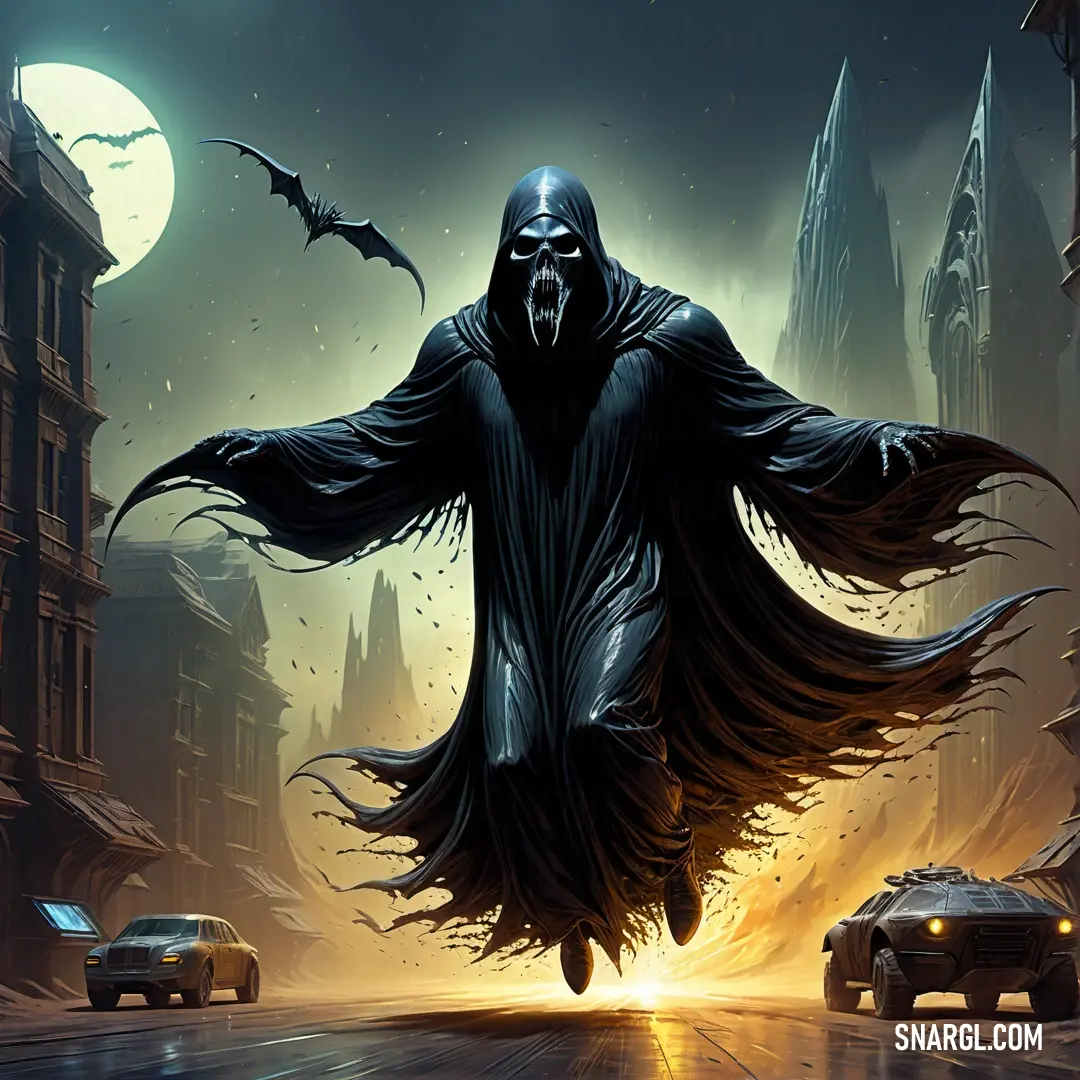 Dementor in a black robe is flying over a city street at night with a car and a full moon
