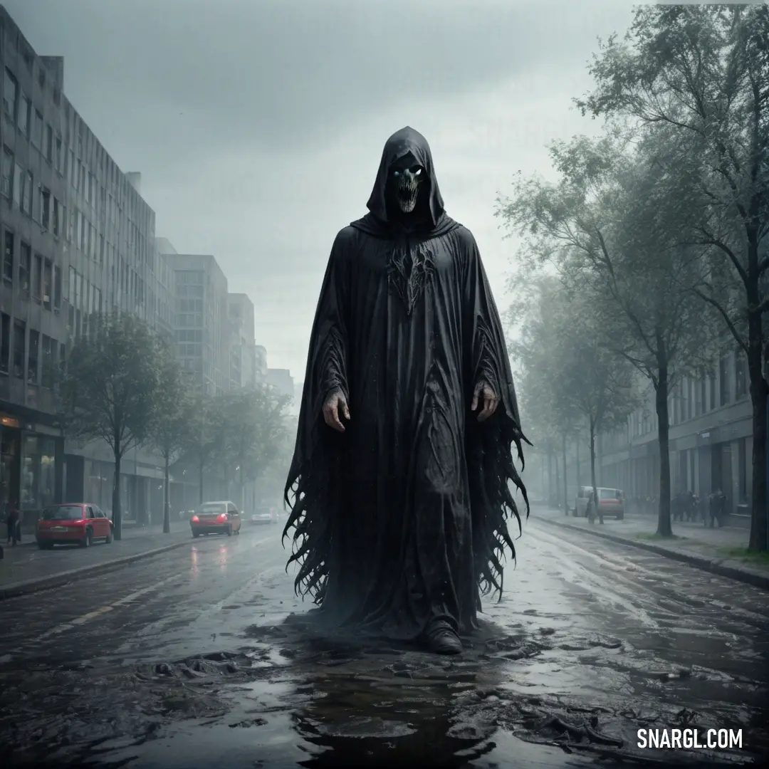 Dementor in a hooded costume walking down a street in the rain with a car behind him and a building in the background