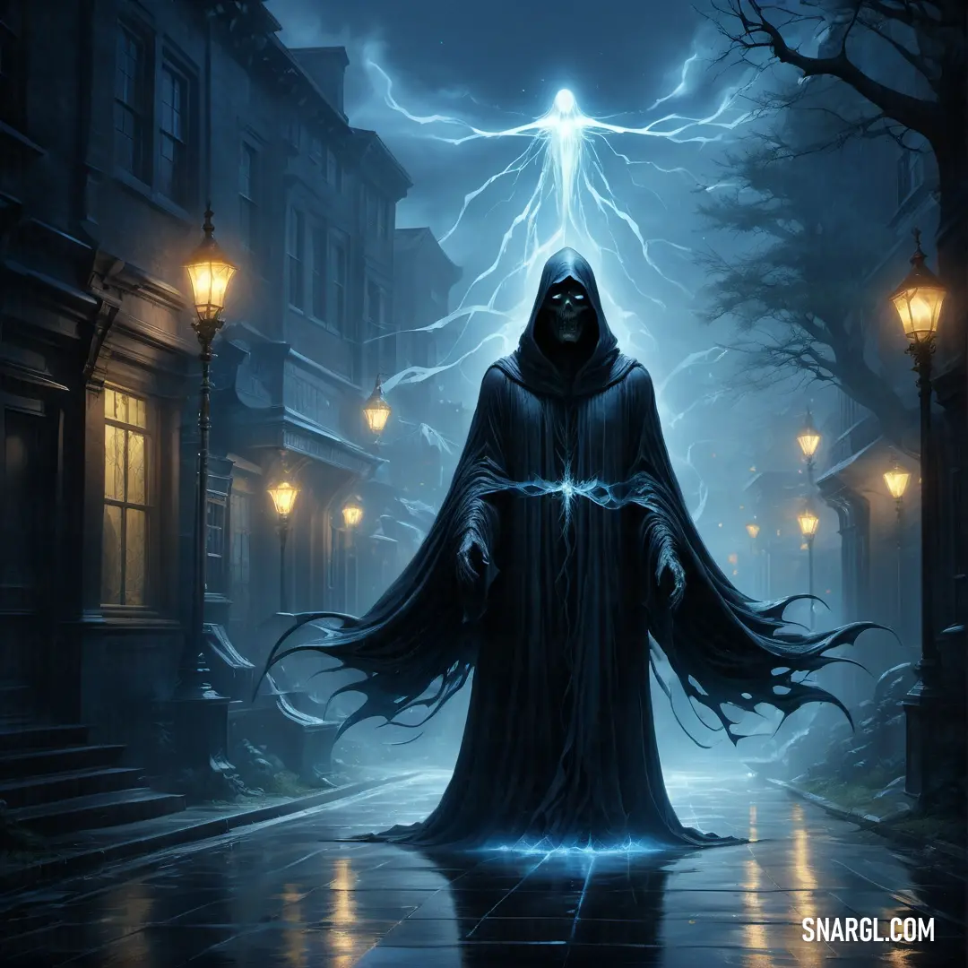 Dementor in a hooded robe standing in the rain with a lightning bolt above his head