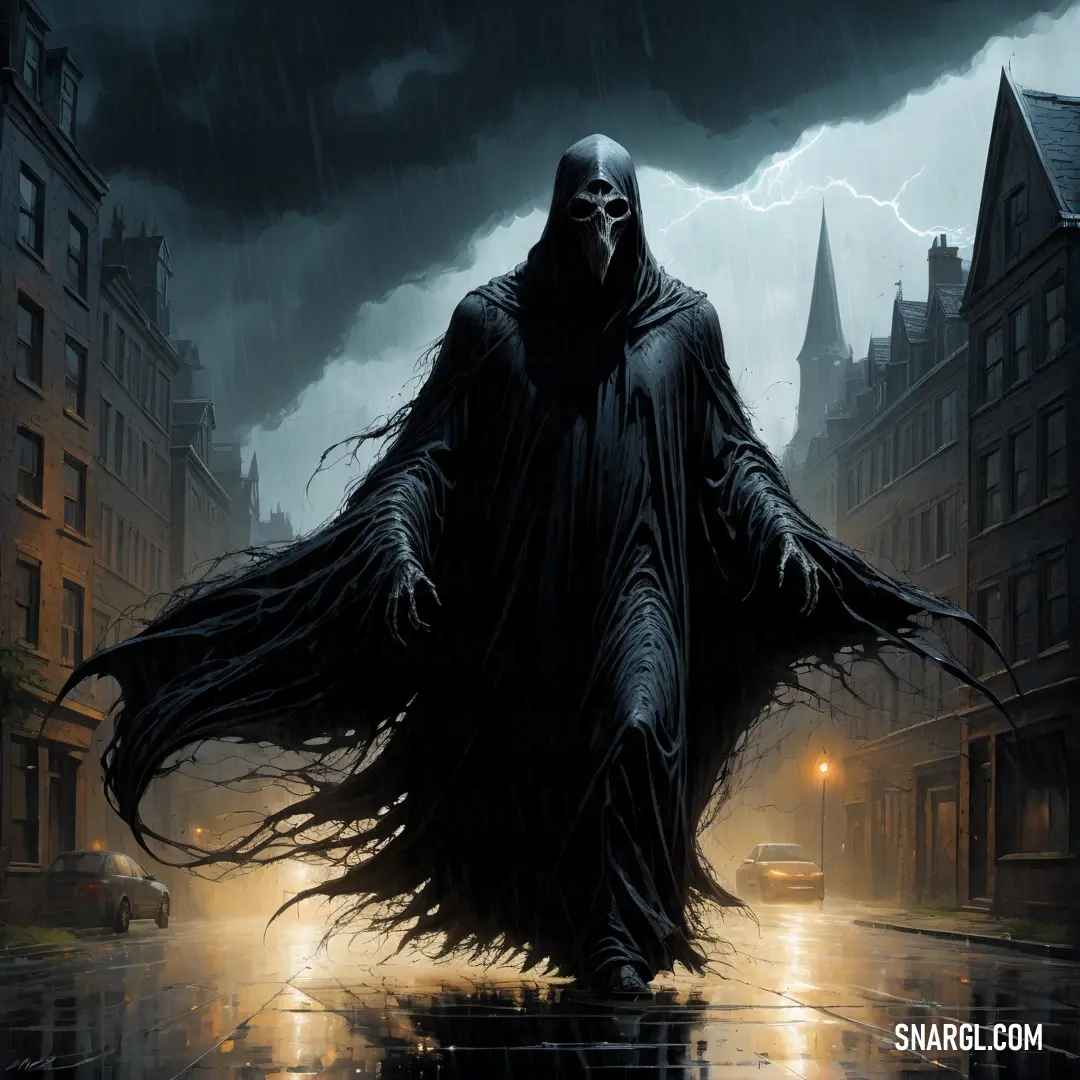 Dementor in a hooded suit is walking in the rain with his arms outstretched in the air