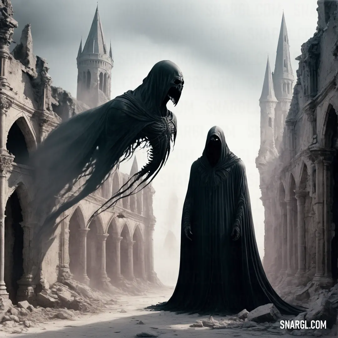 Dementor in a hooded suit standing next to a giant black raven in a castle like setting with a gothic - like building in the background