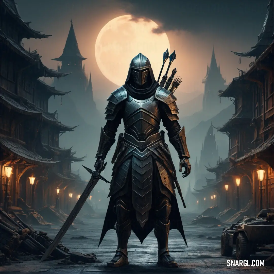 Knight in a dark city with a full moon in the background