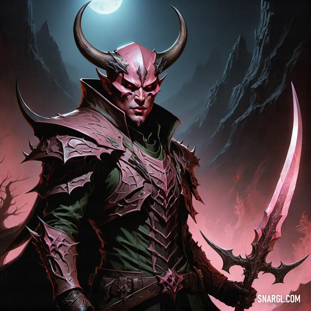 Demon Hunter in a horned costume holding two swords in front of a full moon and a mountain background