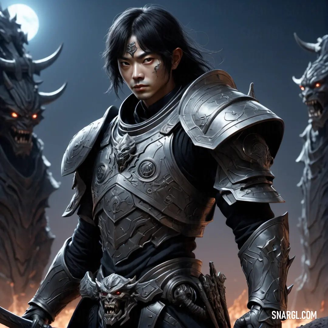 Demon Hunter in armor standing in front of two demonic creatures in a dark background
