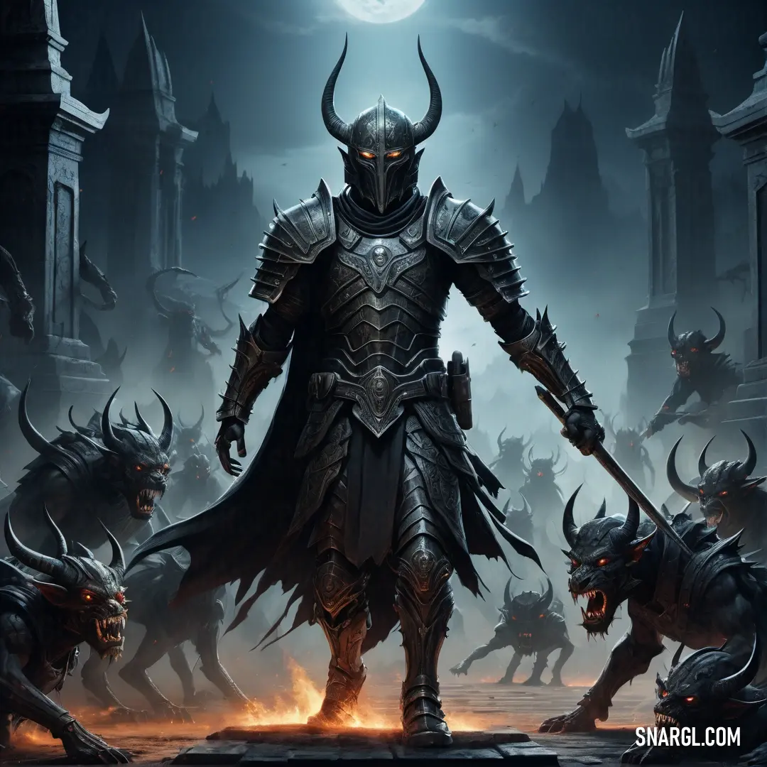 Man in armor standing in front of a group of Demon Hunter Hunter like creatures in a dark
