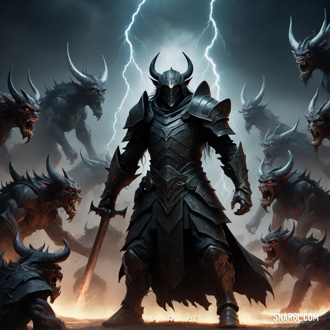 Man in armor surrounded by Demon Hunter Hunter like creatures in a dark