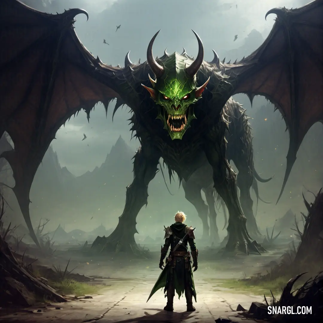 Demon Hunter standing in front of a giant Demon with horns on his head
