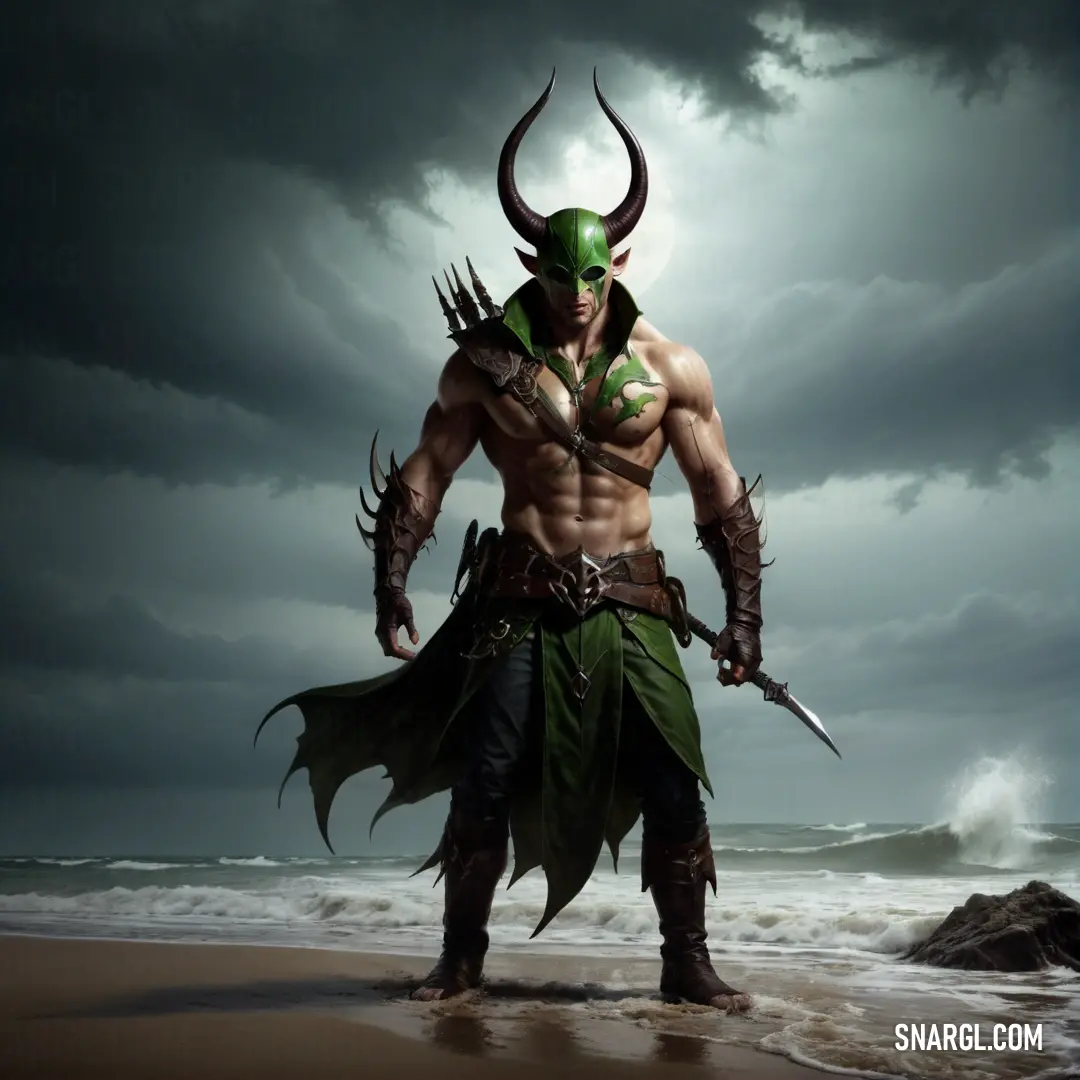 Demon Hunter with a horned head and green cape on a beach with a sword in his hand