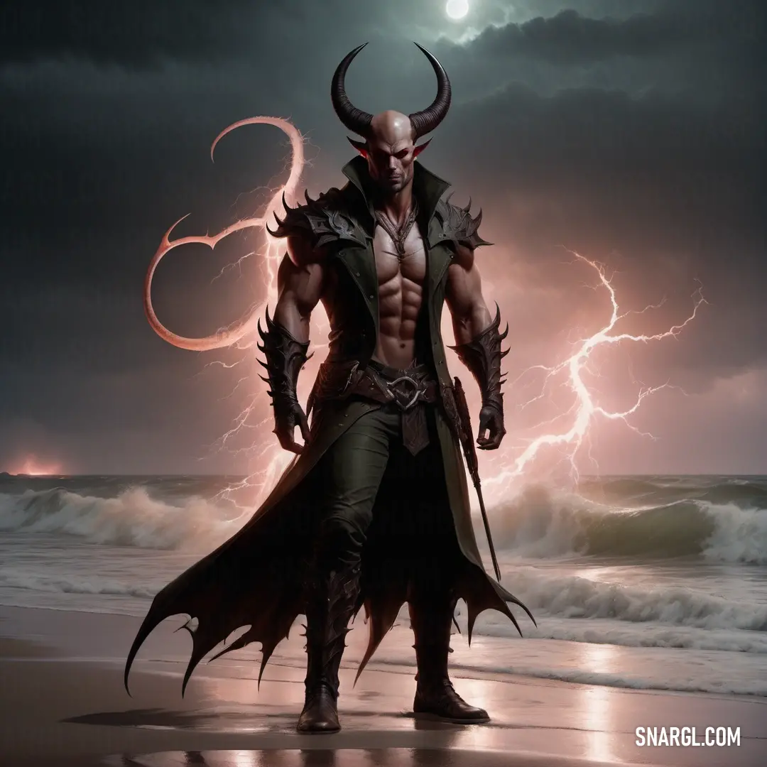 Demon Hunter with horns and horns standing on a beach in front of a lightning storm and a full moon