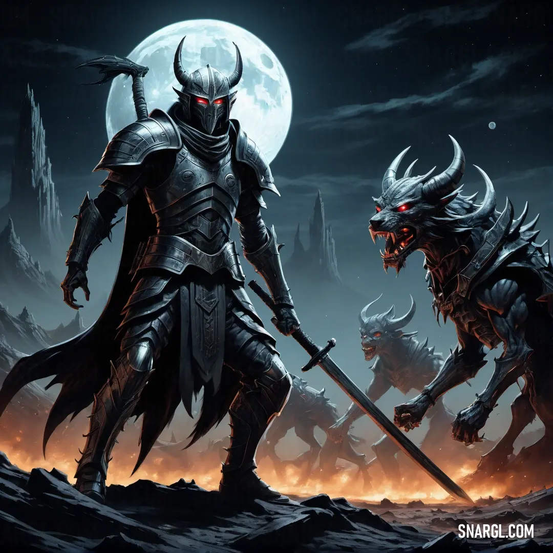 Two demonic knights in front of a full moon with a Demon Hunter Hunter on their back