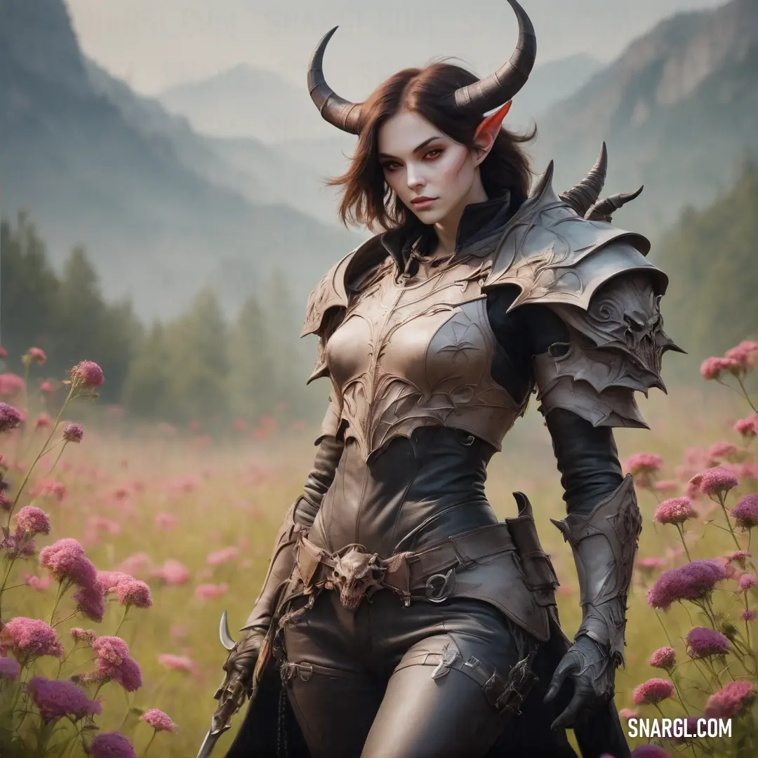 Demon Hunter dressed in a costume with horns and horns on her head standing in a field of flowers with mountains in the background