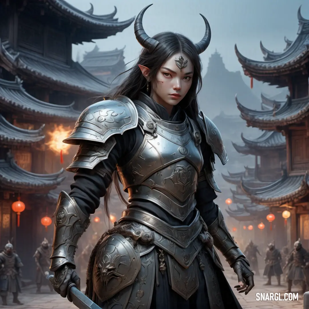 Demon Hunter in a armor and helmet standing in front of a building with a sword in her hand and a demon on her shoulder