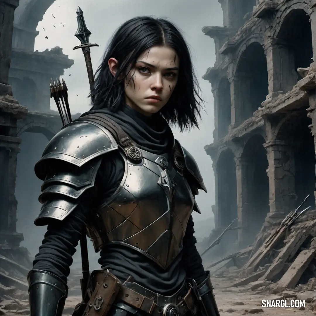 Demon Hunter in a black and silver outfit holding a sword in a ruined area with ruins in the background
