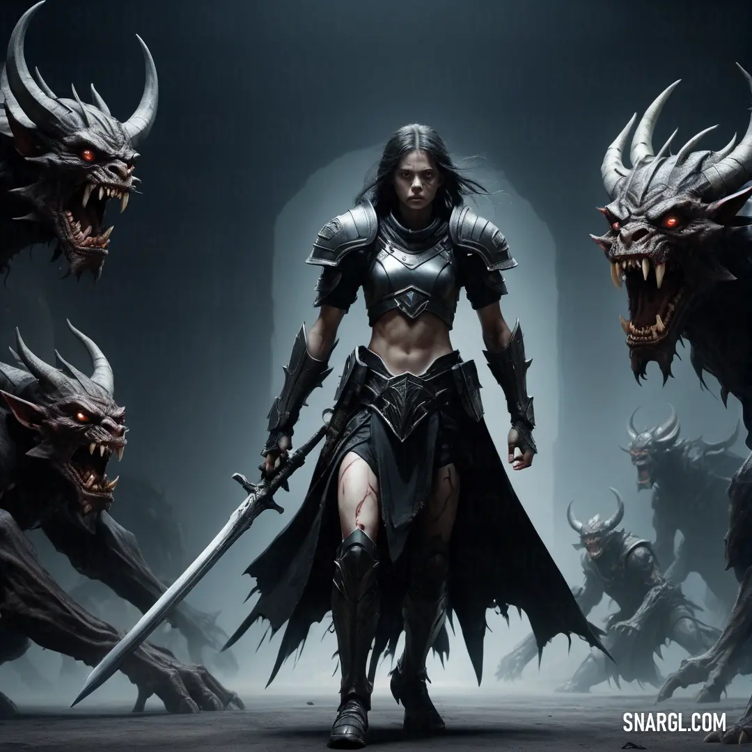 Demon Hunter in a costume with horns and a sword in front of a group of demonic demonic creatures in a dark cave