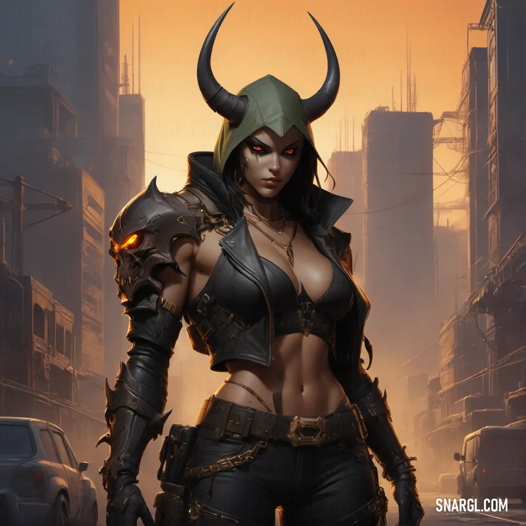 Demon Hunter in a costume with horns and a helmet on in a city street at sunset or dawn with a car