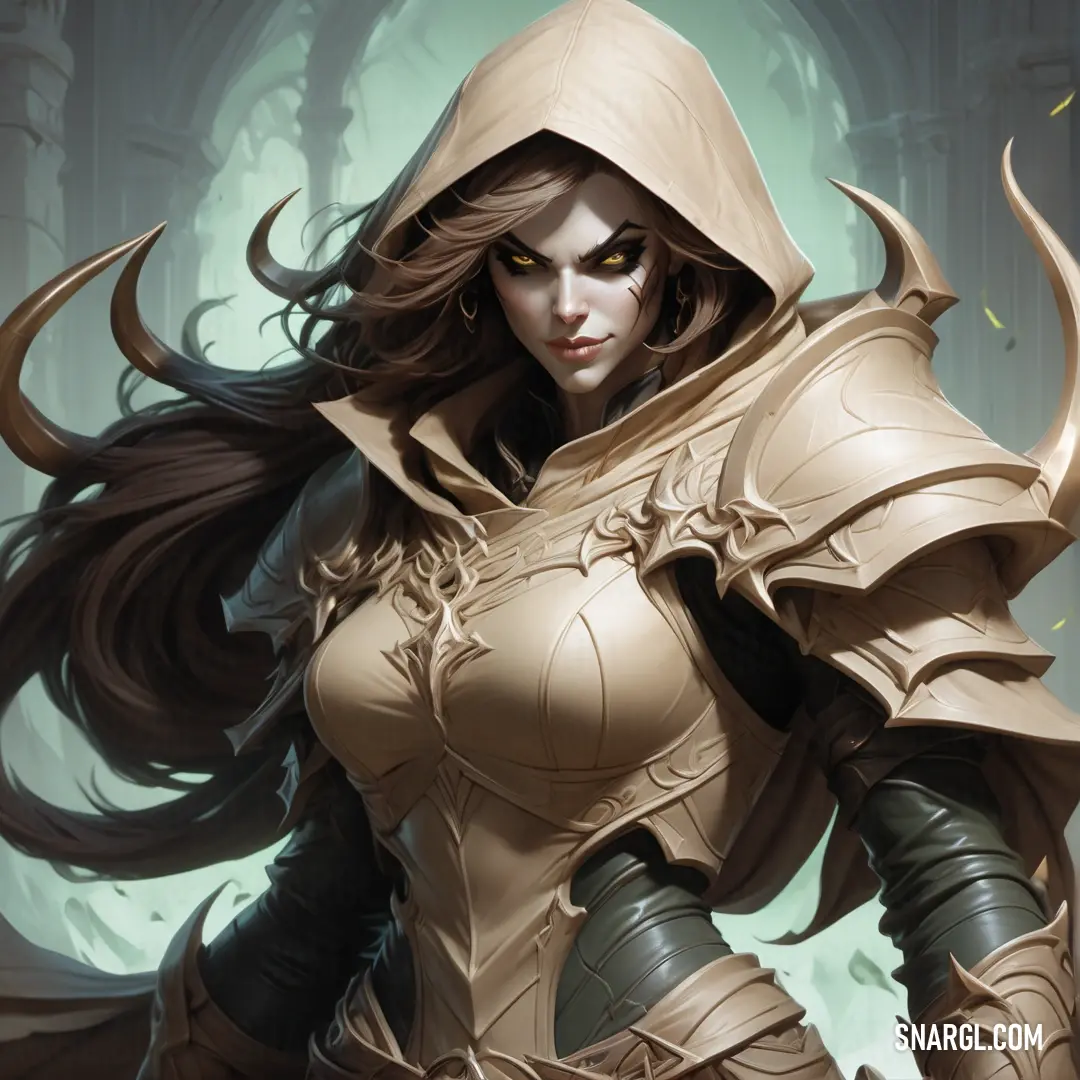 Demon Hunter in a hooded outfit with horns and a hood on her head