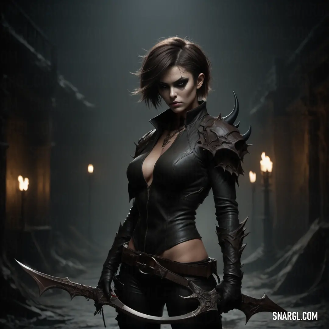 Demon Hunter Hunter in a leather outfit holding a sword in a dark room with lights on the walls