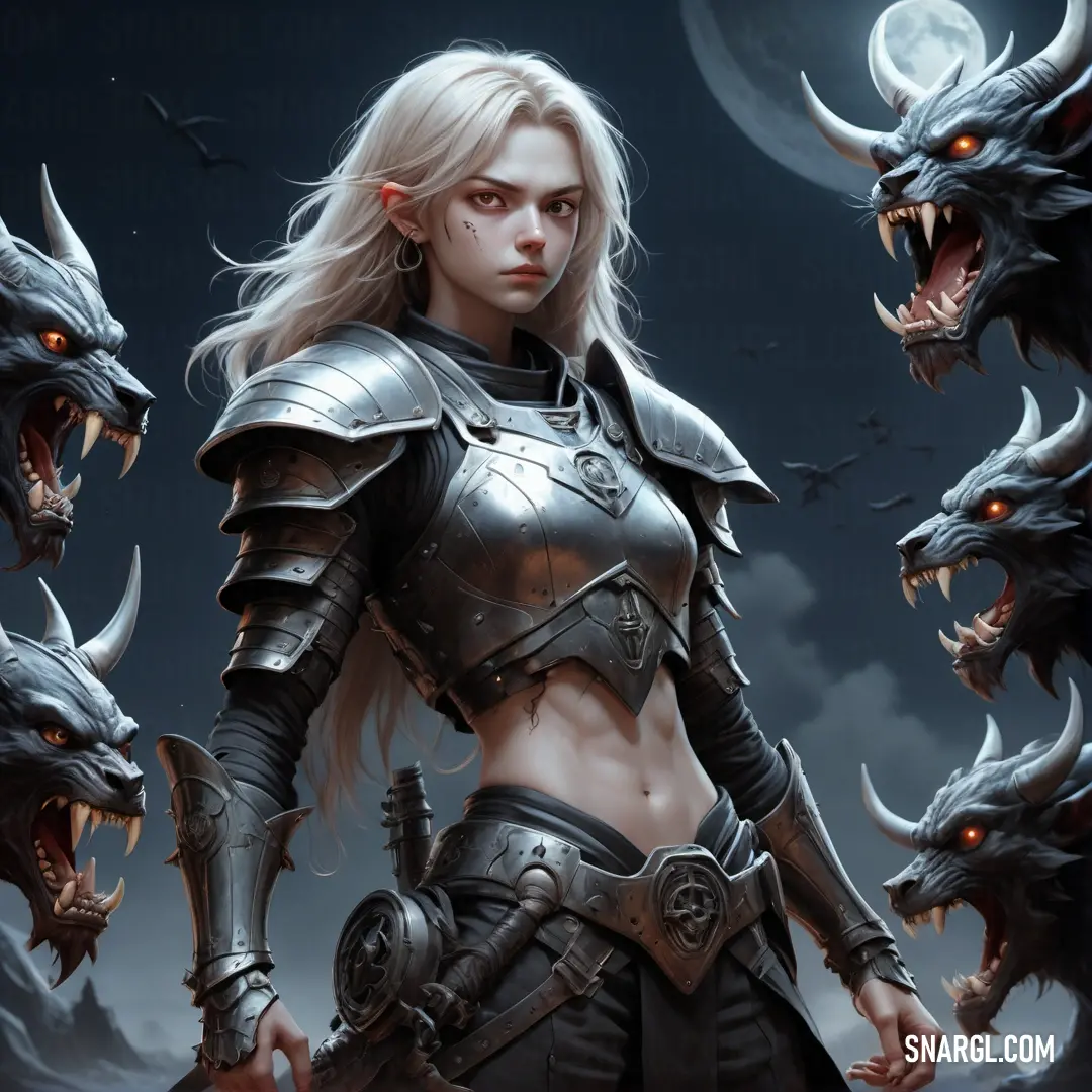 Demon Hunter in armor with a demon face and two demonic heads on her chest