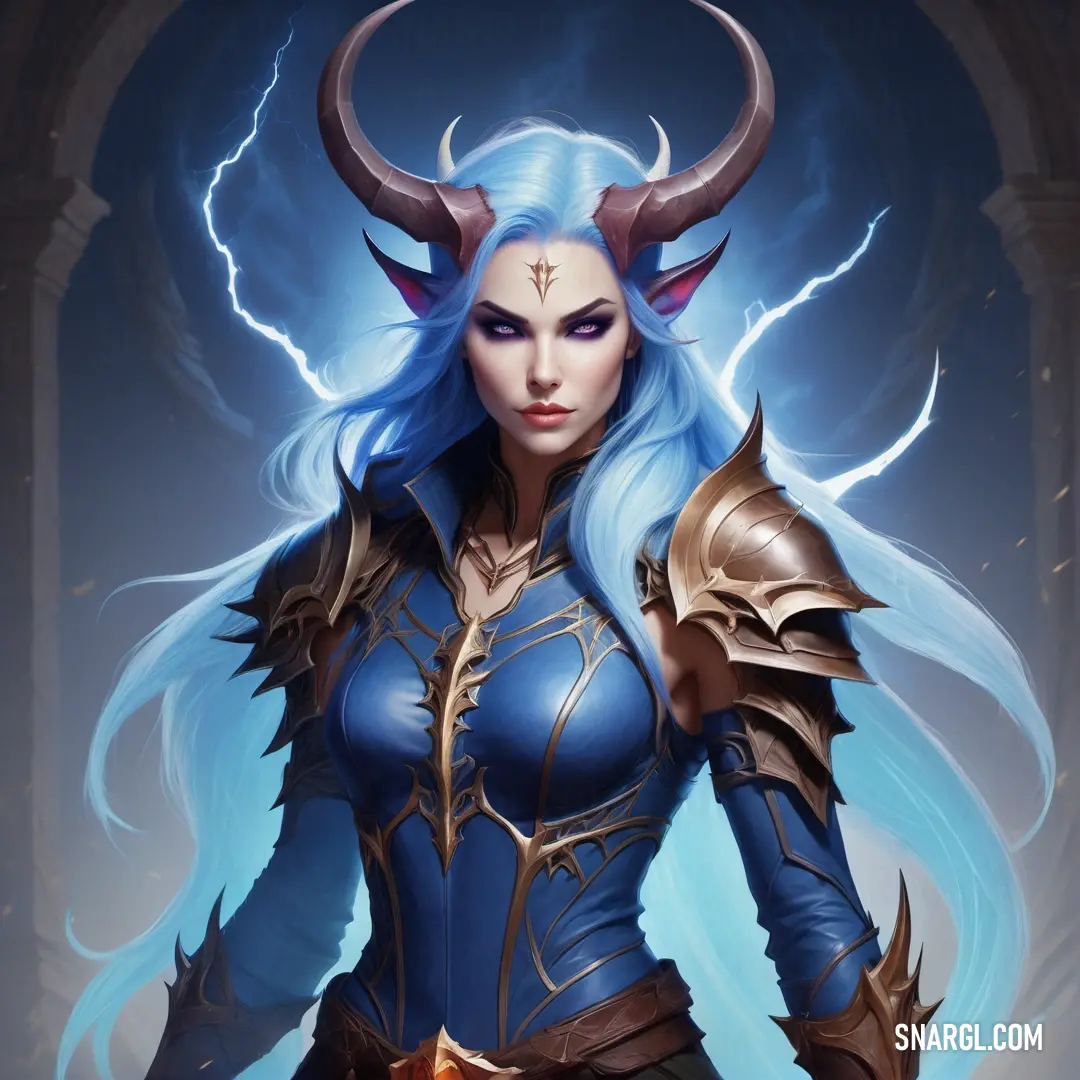 Demon Hunter with blue hair and horns holding a sword and a sword in her hand, with a lightning background