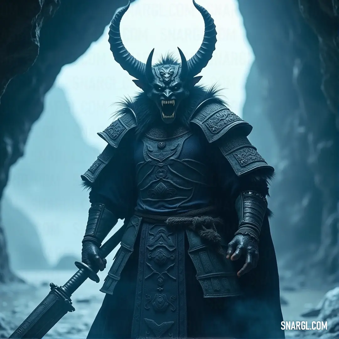 Within the shadowy depths of a cave, the Demon King stands with sword in hand, his horned armor and the face of a demon highlighting his malevolent power and dark reign. The Demon King, draped in a fearsome horned costume, stands in a dark cave, gripping a sword as a demonic face looms over him, a reflection of the evil force that resides within him.