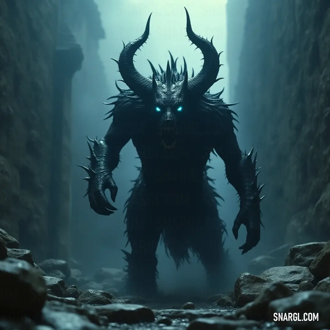 A demonic figure with glowing eyes and horns walks through a shadowy, mist-filled cave, the narrow alleyway barely illuminated by its eerie presence. A dark, ominous cave where a towering demon strides through a narrow, foggy passageway. Its glowing eyes and sharp horns cast an eerie light on the jagged rocks, adding to the atmosphere of impending danger.