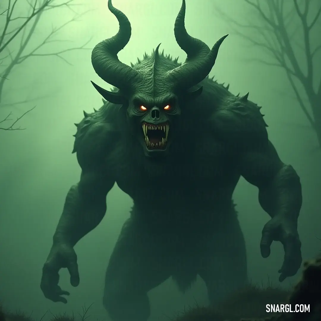 Menacing Demon Sentinel in a foggy forest, shrouded in mystery and intrigue. A fearsome Demon Sentinel with prominent horns and jagged fangs prowls through a fog-laden forest, surrounded by misty trees and dense bushes that add to his menacing allure and the air of mystery.