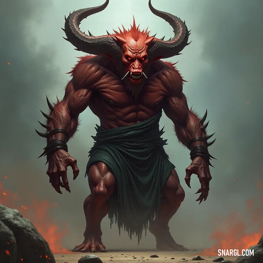 Fearless Demon Sentinel on rocky terrain, embodying strength against a backdrop of a dynamic sky. A fearsome Demon Sentinel, adorned with a striking skirt, stands resolutely on a rocky landscape, the expansive sky above him painted with dramatic clouds, echoing his formidable presence and indomitable spirit.