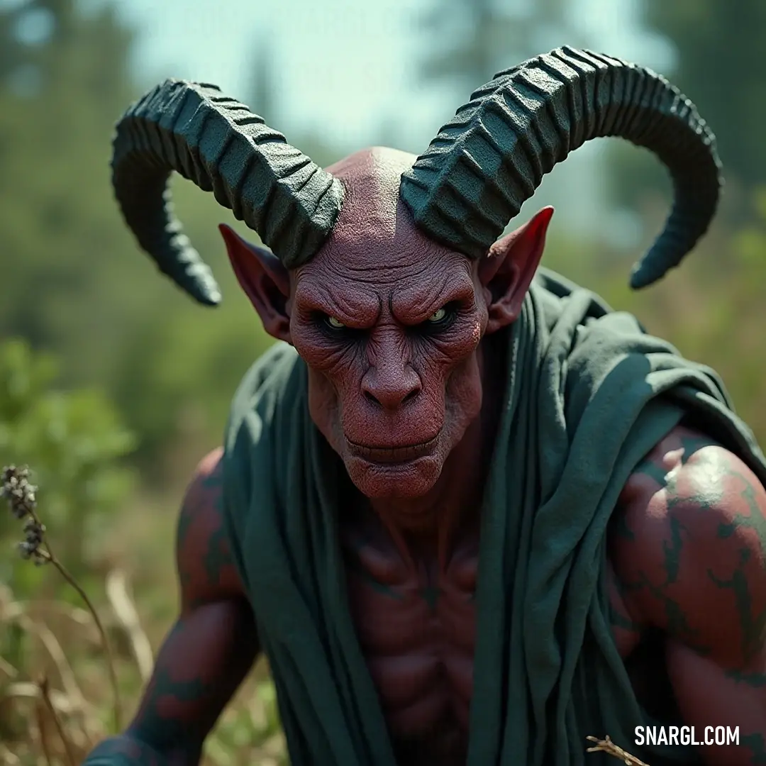 Majestic Demon Sentinel in a serene field, exuding an aura of power amidst the tranquility of nature. A powerful Demon Sentinel clad in a flowing robe stands majestically in a lush green field, surrounded by tall trees that gently sway in the breeze, embodying the essence of nature intertwined with mythical grandeur.