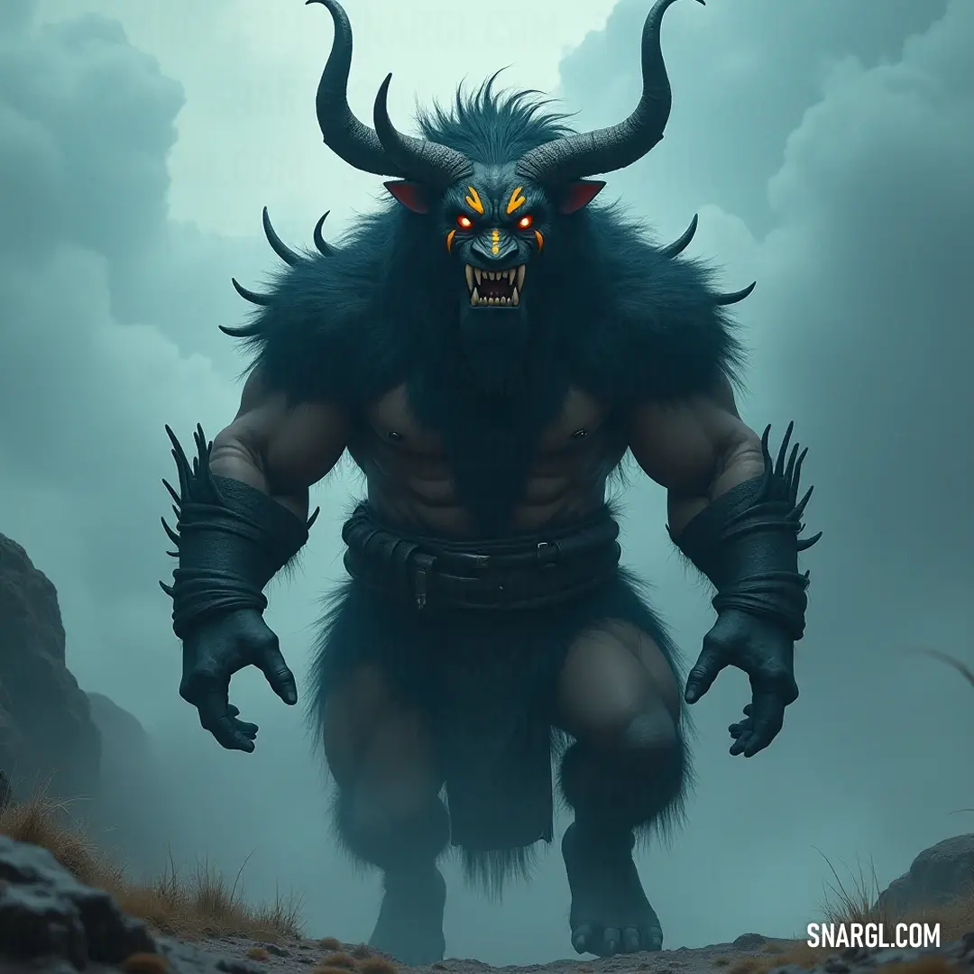 An intimidating demon warlord, showcasing his illustrious horns and a fierce expression, embodying the essence of darkness and power as he stands resolute against his enemies, ready to engage in battle.