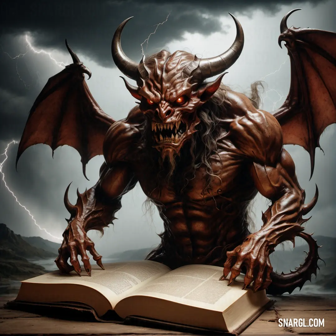 Demonic Demon with horns and claws is reading a book with a lightning background