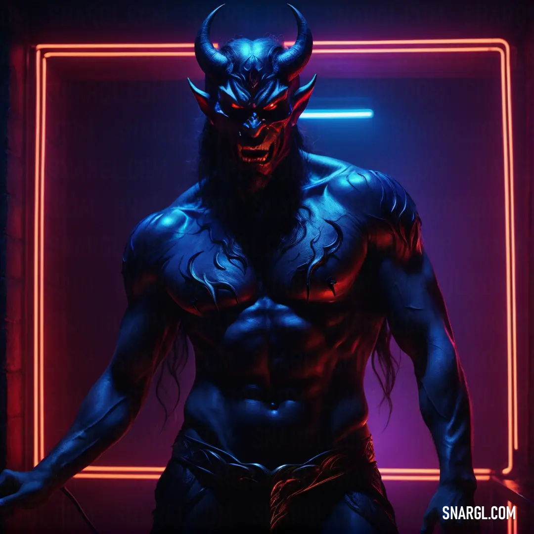 Man in a Demon costume standing in a room with neon lights and a neon frame behind him that says