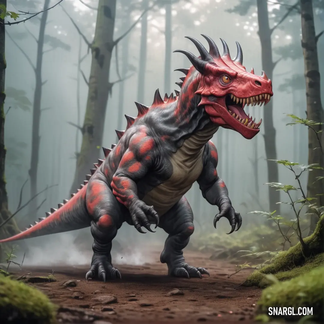 Red and black Demonosaurus in a forest with foggy trees and mossy ground