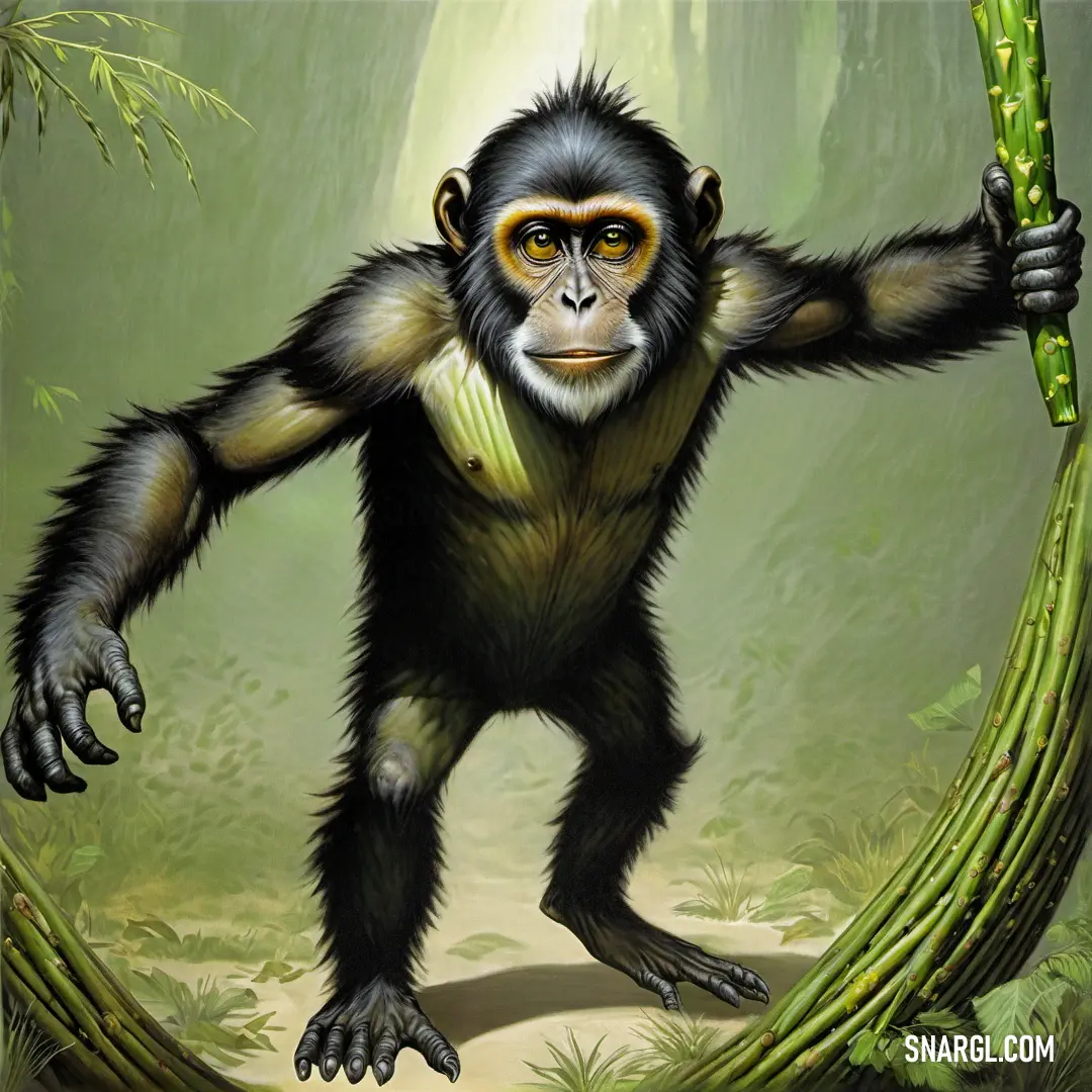Monkey holding a bamboo stick in a jungle setting with a green background