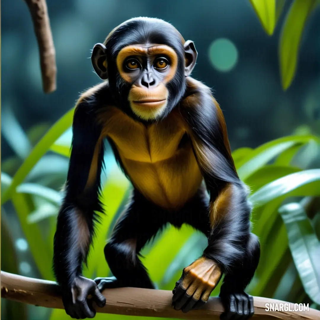 Monkey on a branch in a jungle setting with a blurry background