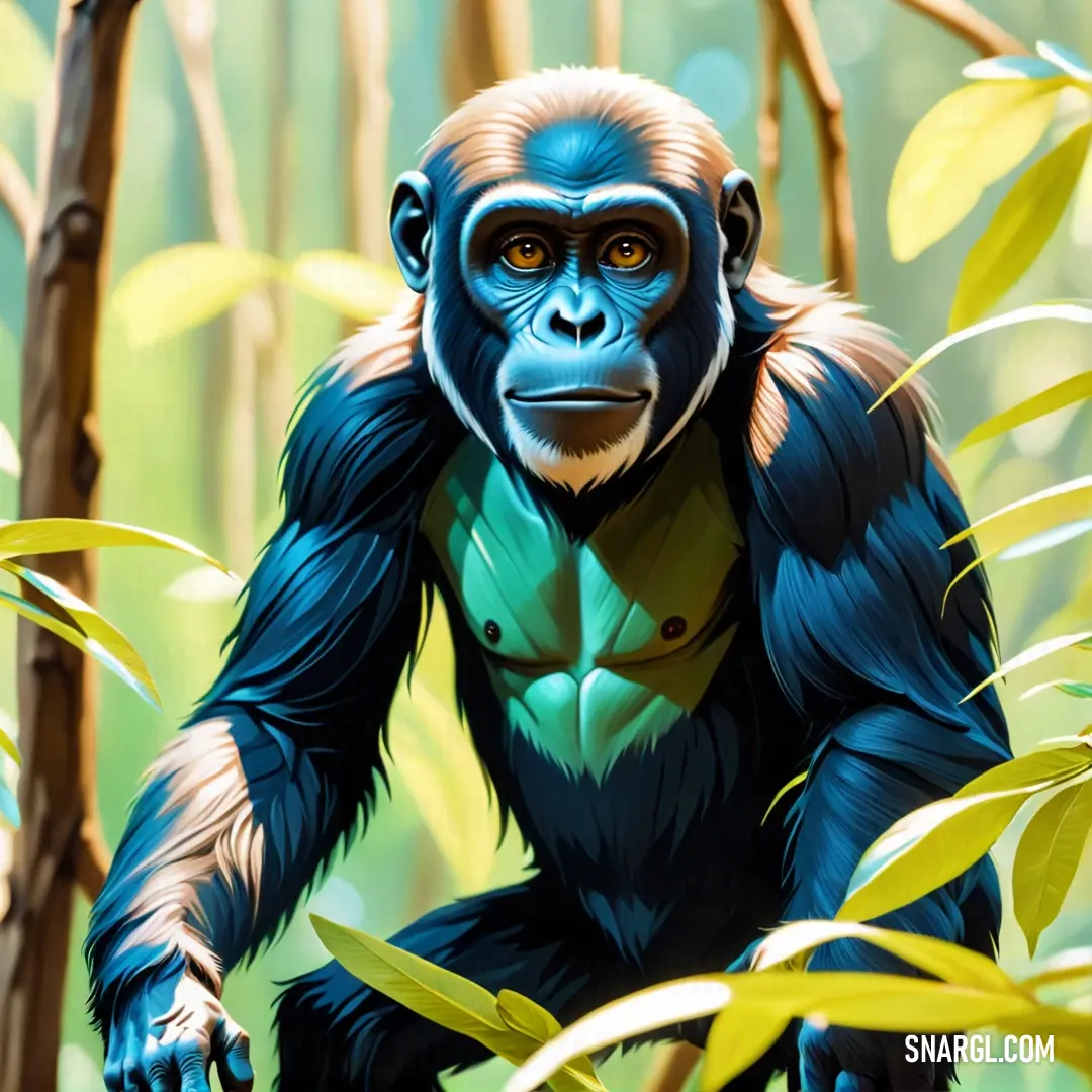 Monkey with a green shirt on in the jungle with leaves and branches in the foreground