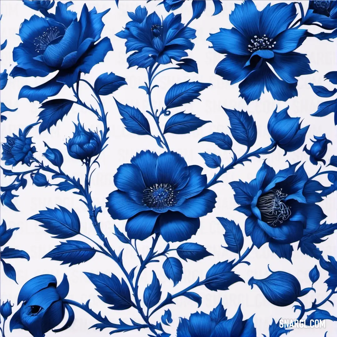 Blue and white floral pattern on a white background. Example of RGB 21,96,189 color.