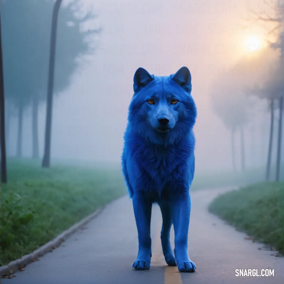 Blue dog standing on a road in the foggy day with trees in the background. Example of CMYK 89,49,0,26 color.