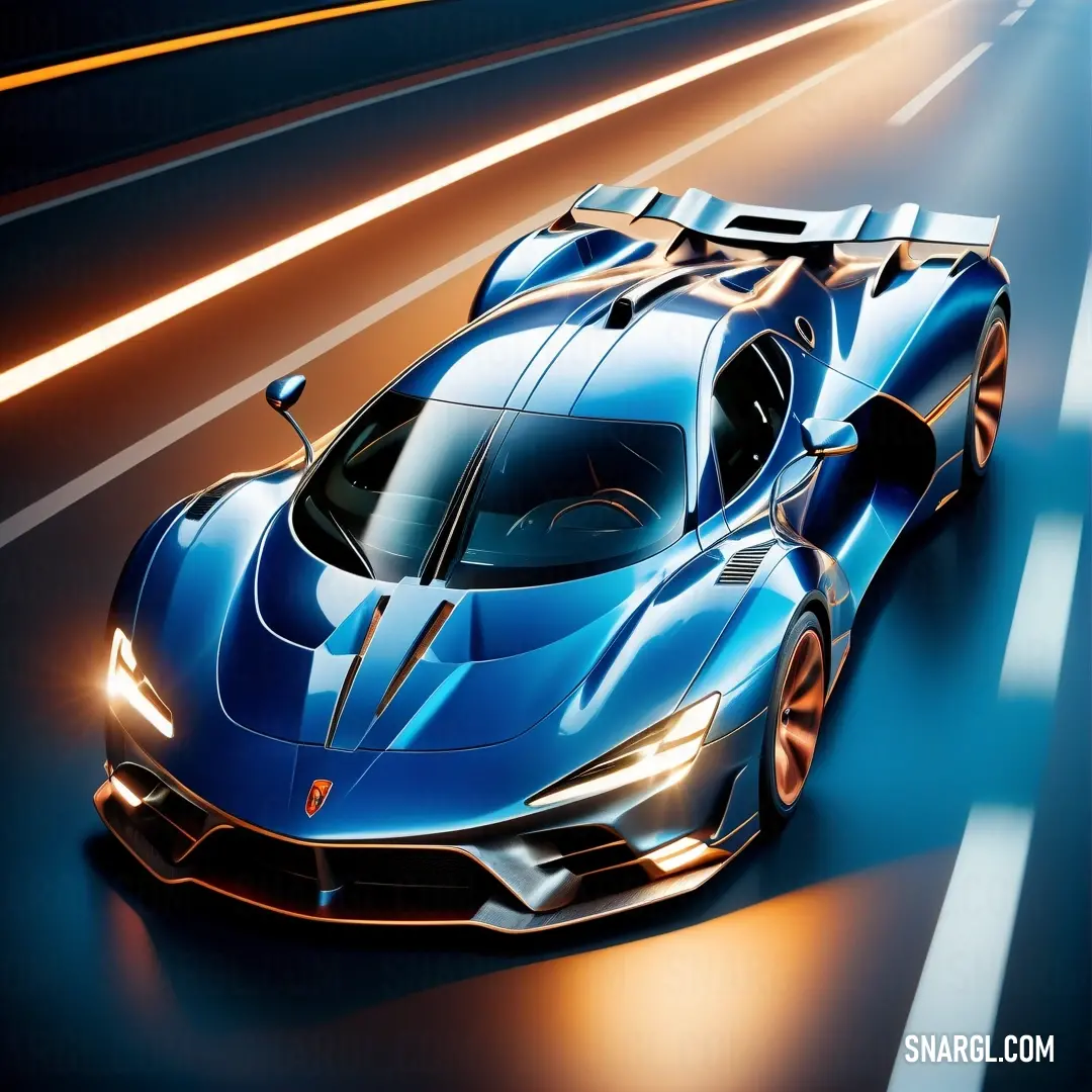 Blue sports car driving down a highway at night with headlights on the car. Color #1560BD.