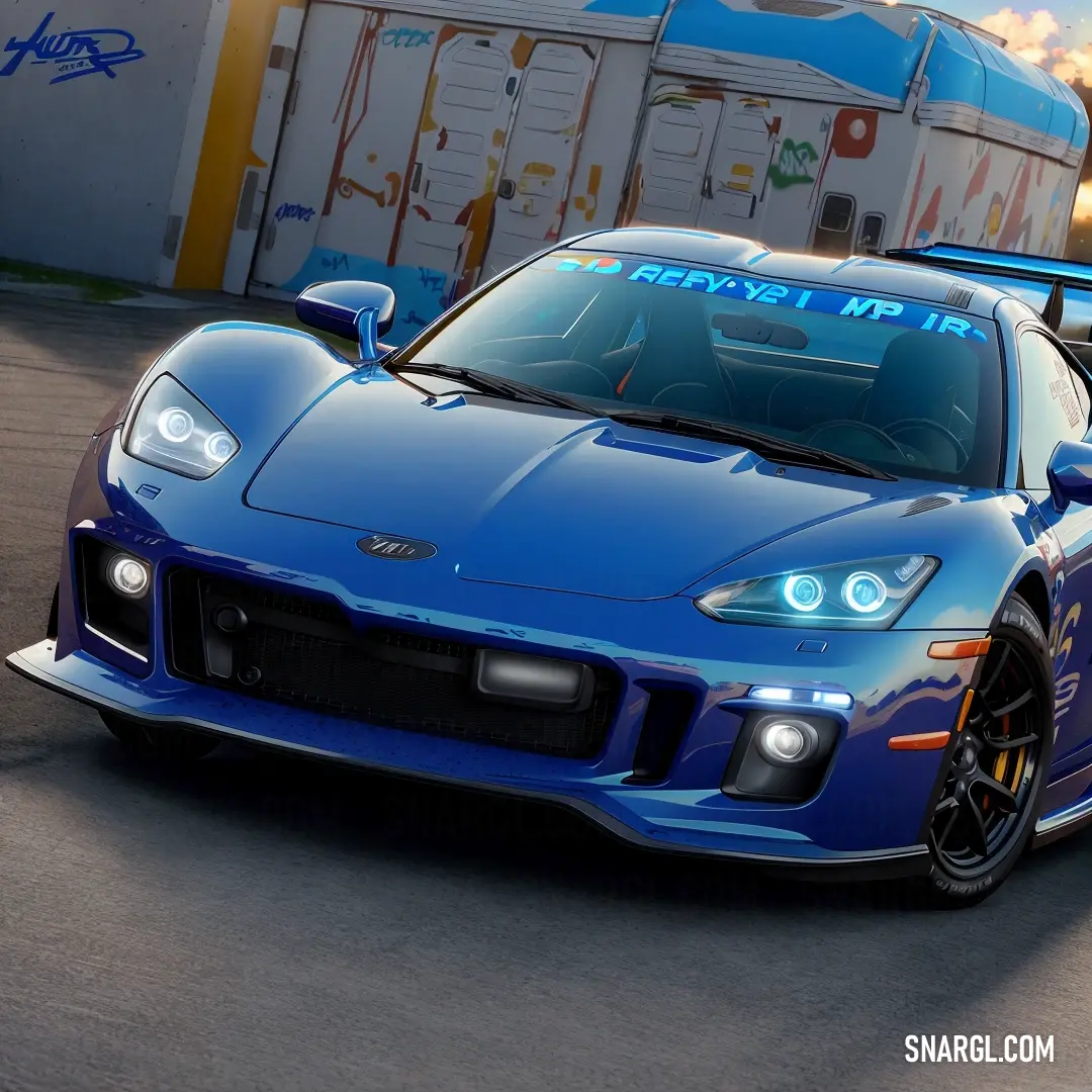 Blue sports car driving down a street next to a train track with a sky background