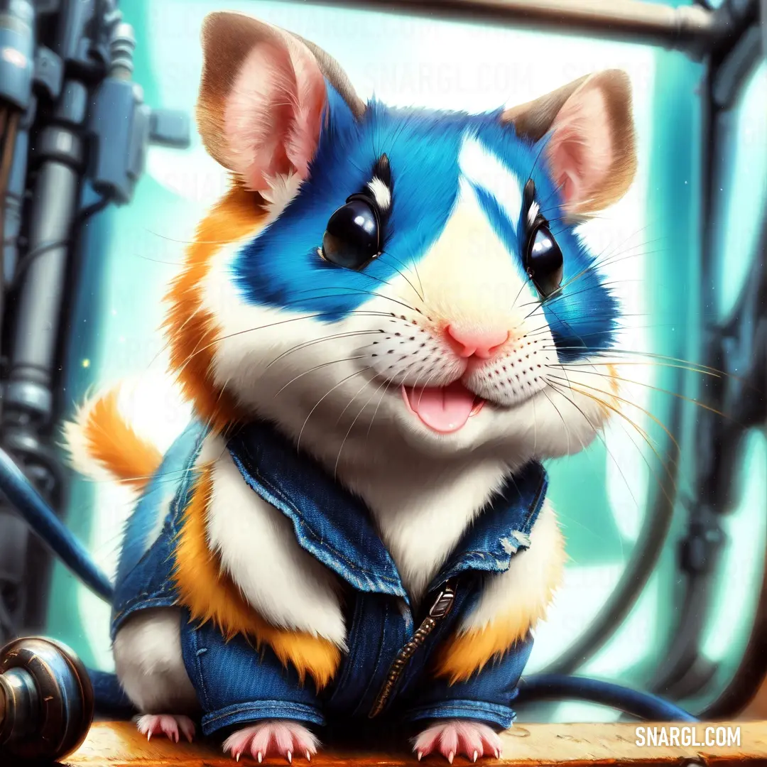 Cartoon picture of a blue and white mouse wearing a jean jacket and smiling at the camera