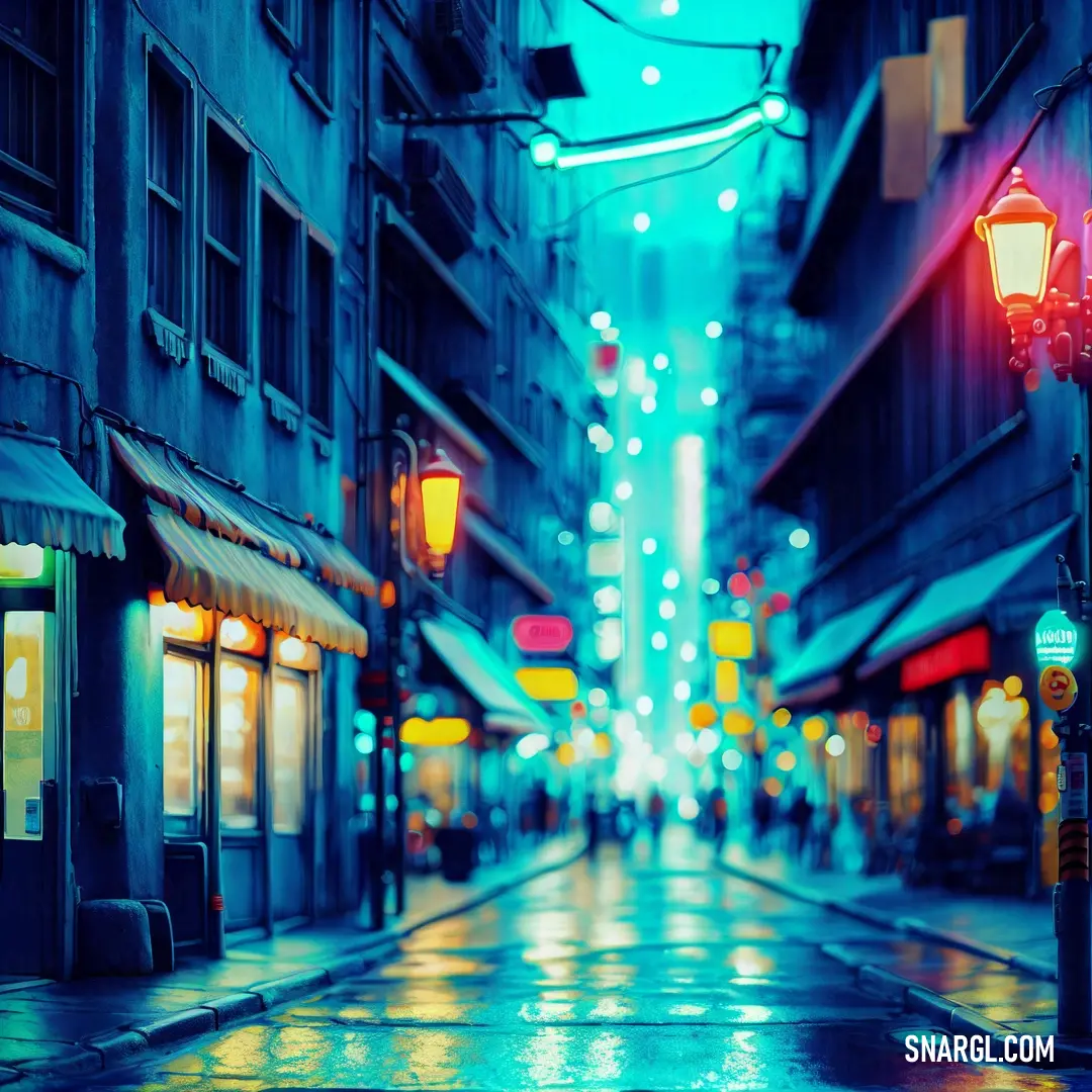 City street with a wet sidewalk and a street light on the side of it at night time with people walking down the street