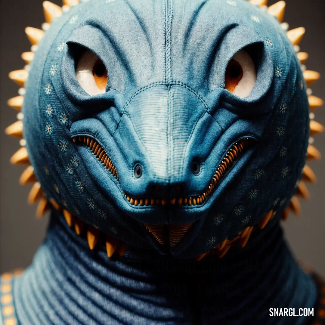 Close up of a blue dragon statue with spikes on its head and eyes and a collared shirt