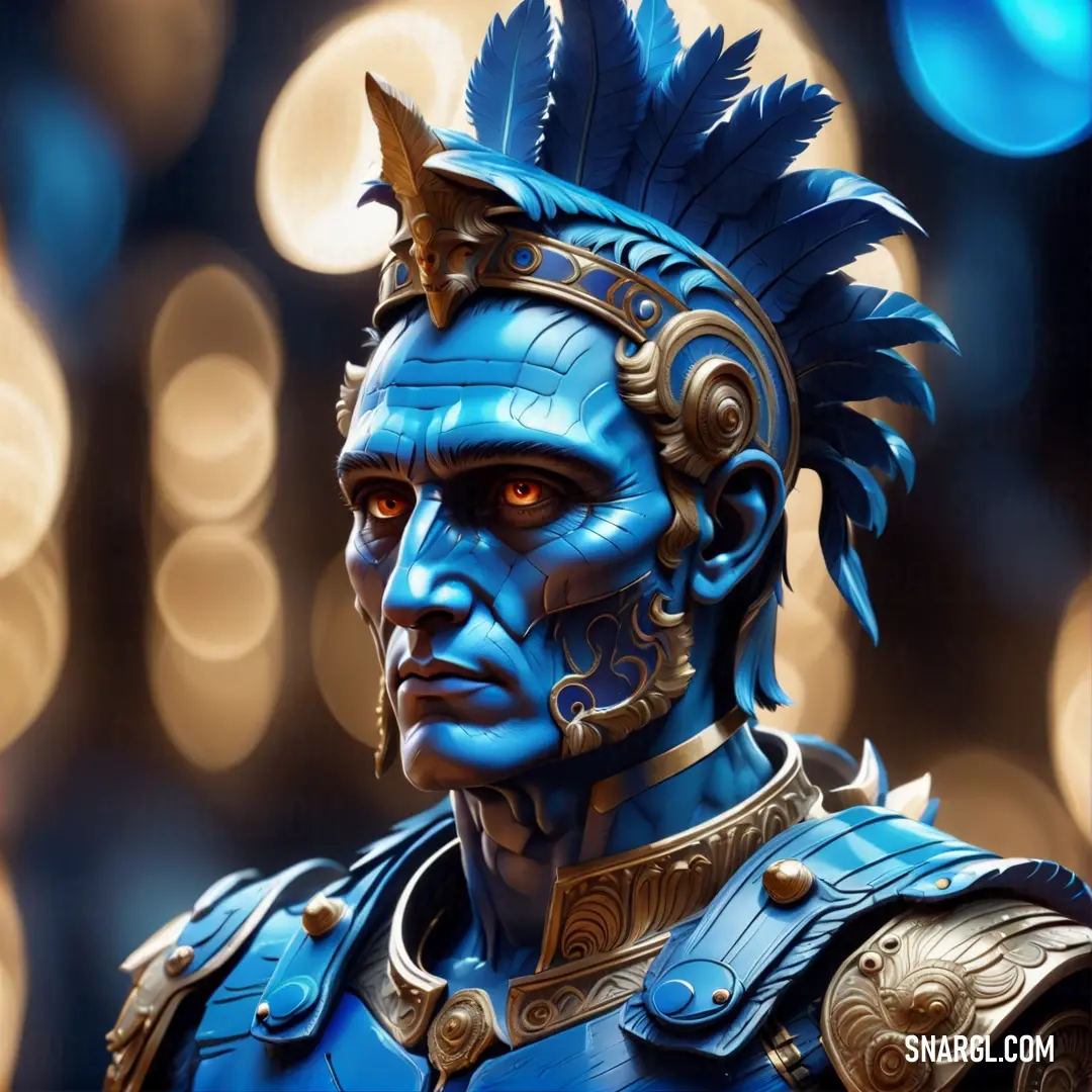 Close up of a blue man wearing a costume and a helmet with feathers on it's head. Color Denim.