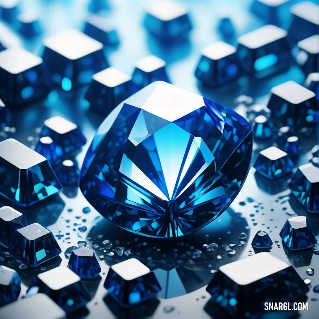 Denim color. Blue diamond surrounded by smaller blue diamonds on a blue surface with water droplets on it