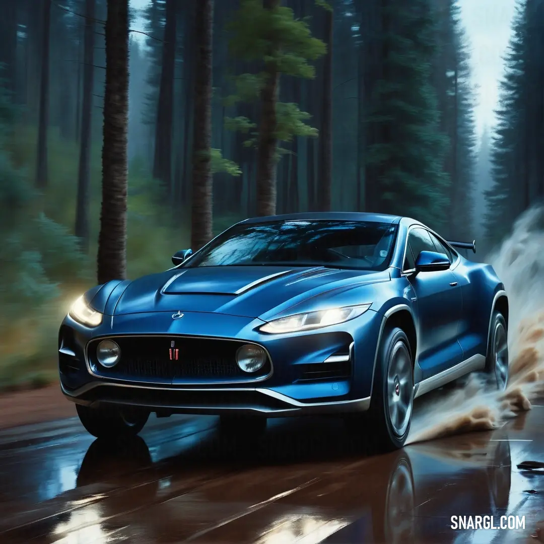 Blue masera driving down a wet road in the woods with trees in the background. Color Denim.