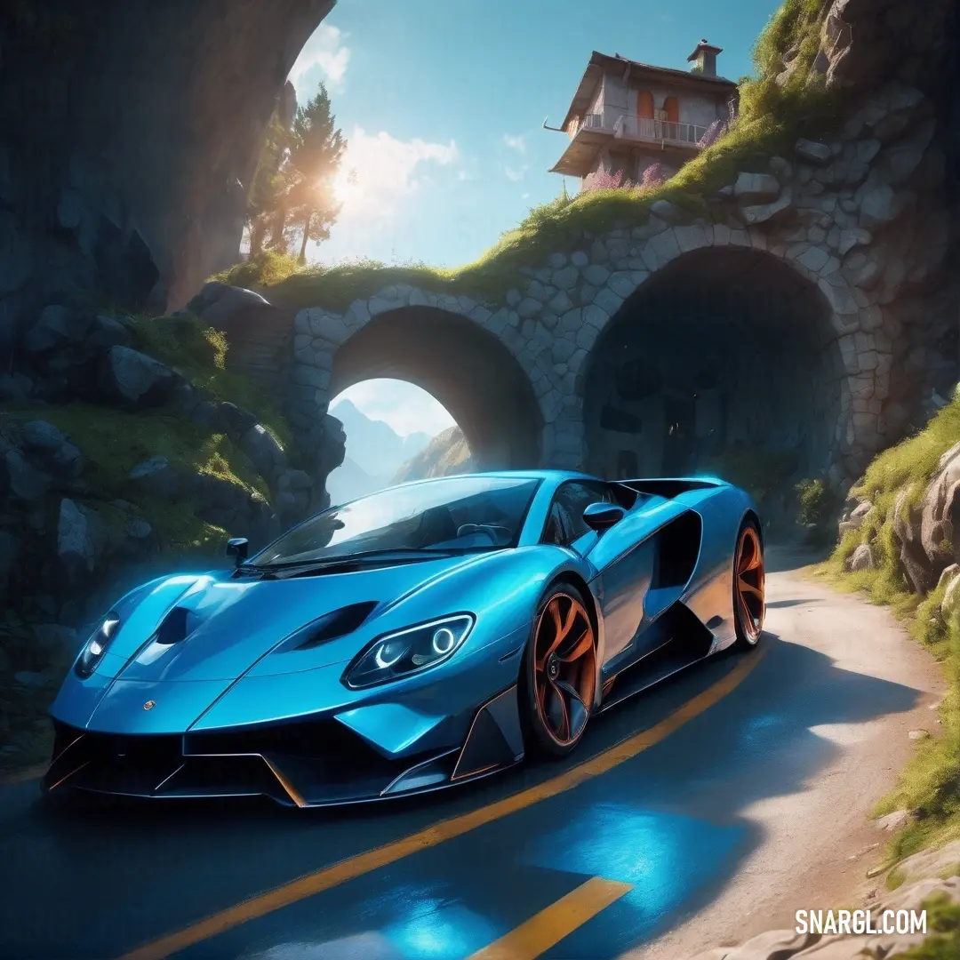 Blue sports car driving through a tunnel in a mountain area with a house on top of it. Color RGB 21,96,189.