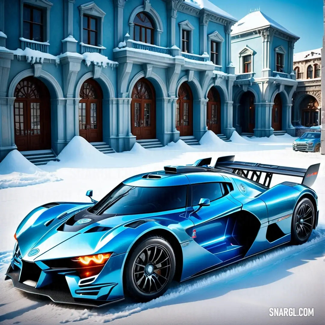 Blue sports car parked in front of a large building in the snow. Color RGB 21,96,189.