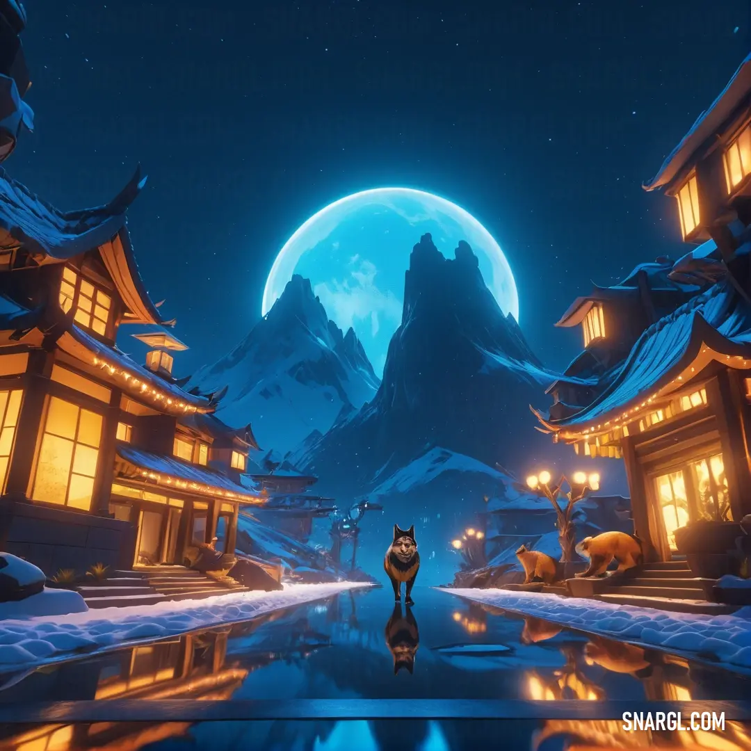 Denim color example: Cat is walking in front of a full moon in a screenshot of a town with mountains and snow